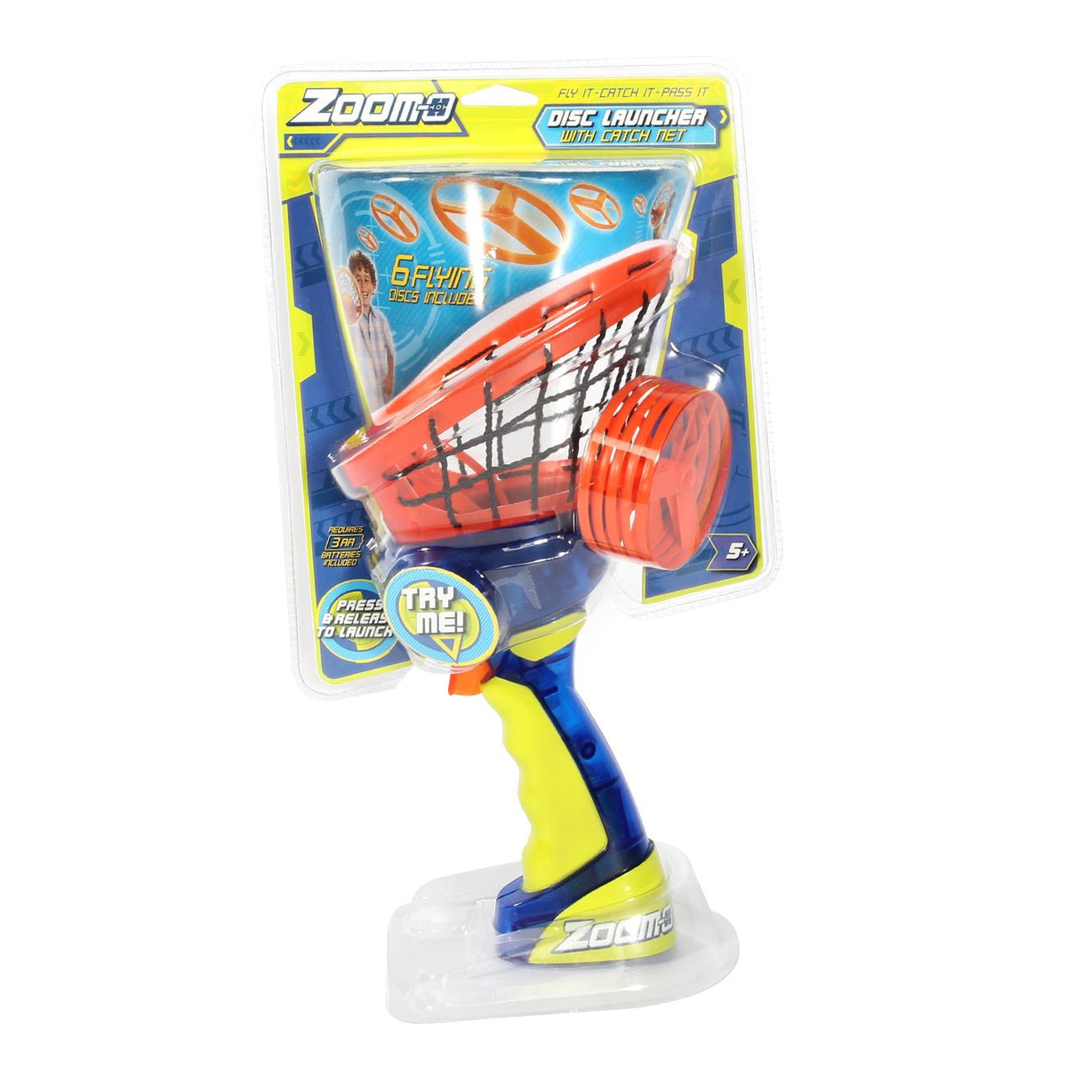 Zooma O Disc Launcher toy set in its original blister packaging, featuring a blue and yellow handle, orange basket, and red wheels.