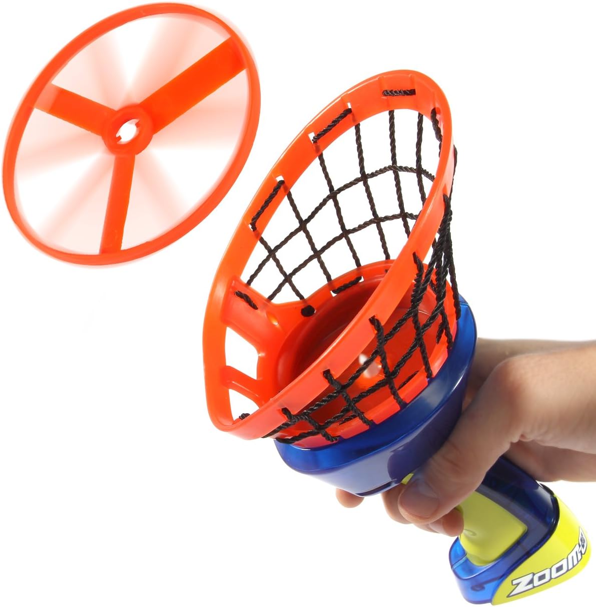 Orange and blue toy basketball hoop with a hand holding it on a white background