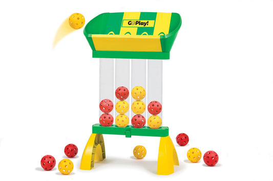 Go Play! Giant Funnel Pong game with a green and yellow funnel, four clear tubes, and red and yellow balls