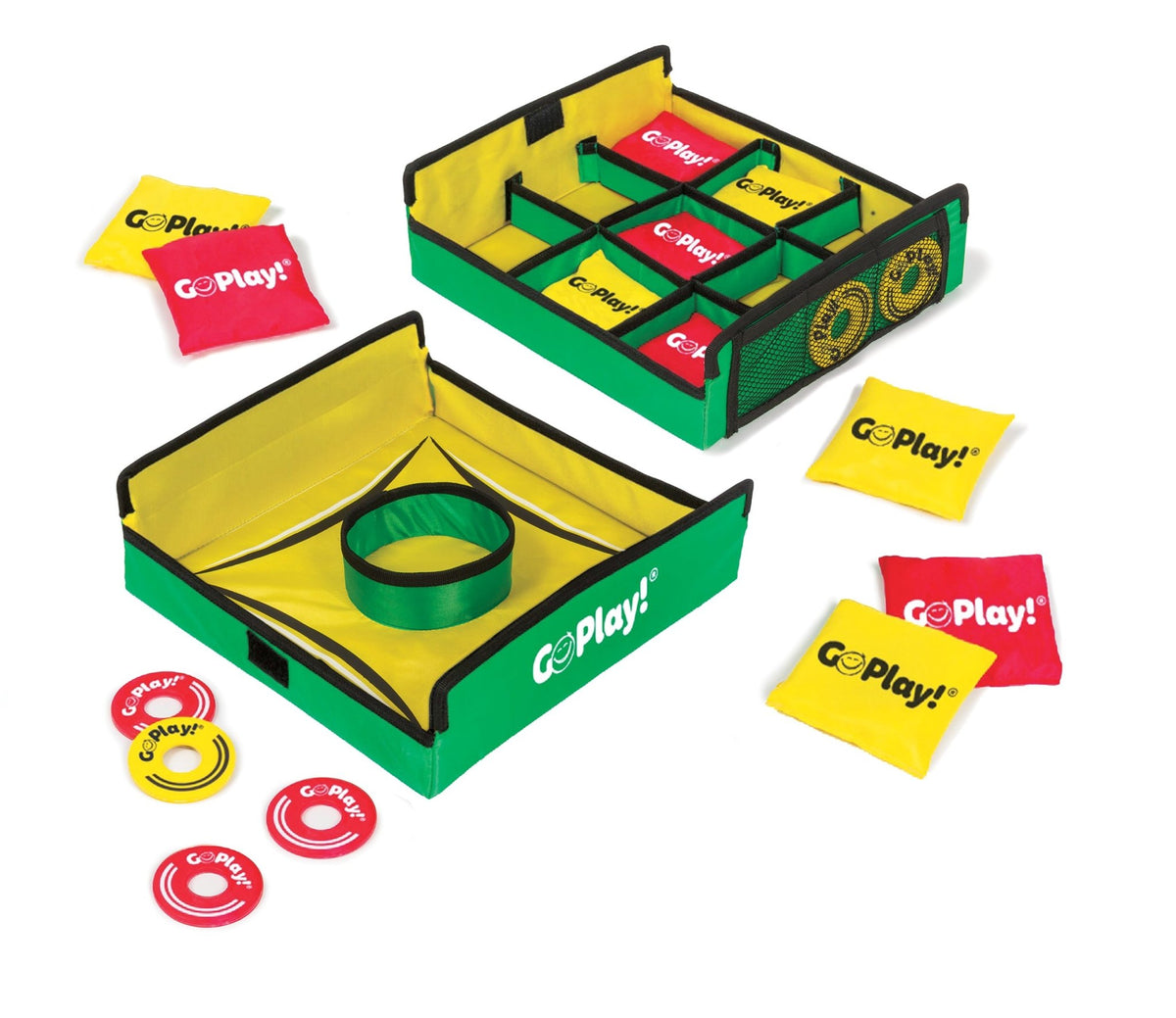 Go Play! Washer Toss & Tic Tac Toss Combo with green and yellow targets, red and yellow washers, and bean bags